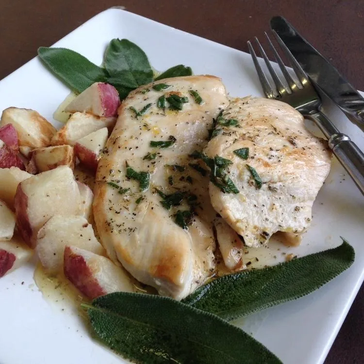 Chicken Paillard Cutlets with Sage Brown Butter Sauce and Broccoli
