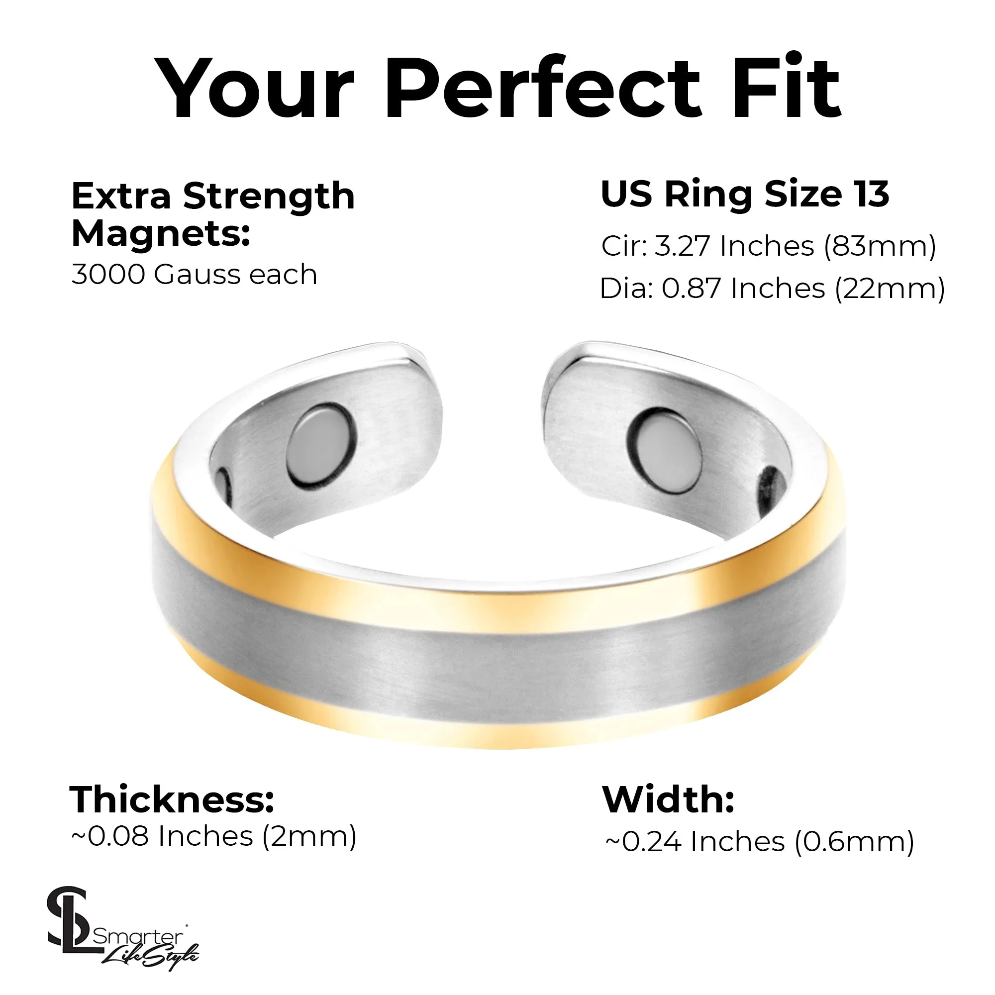 Elegant Titanium Magnetic Therapy Ring Silver & Gold, Size 13
