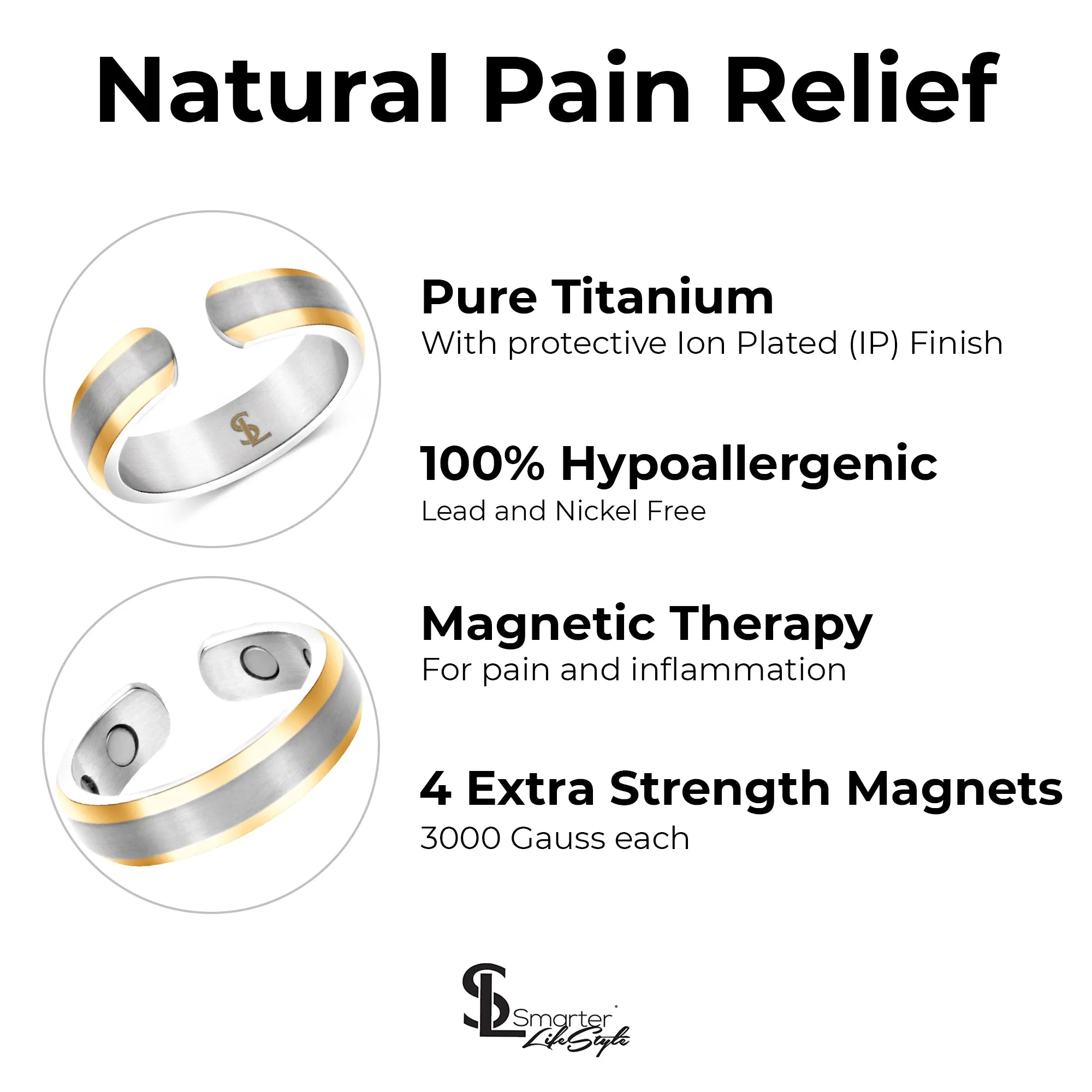 Elegant Titanium Magnetic Therapy Ring Silver & Gold, Size 13
